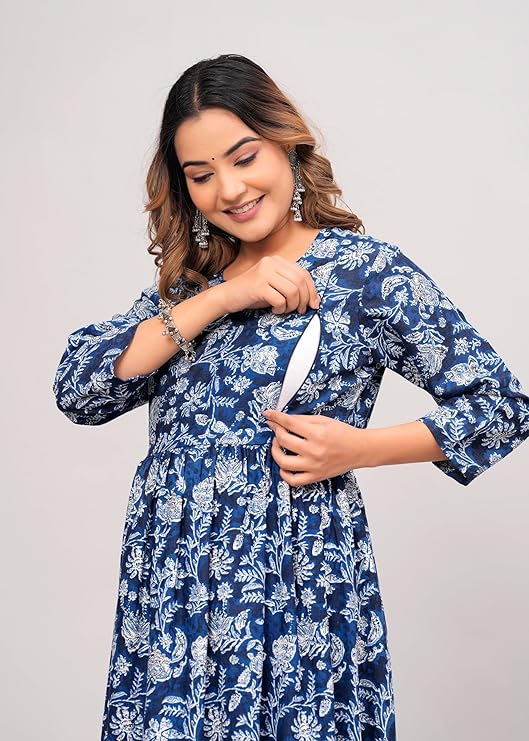 Women Anarkali Poly Crepe Printed Blue Kurti