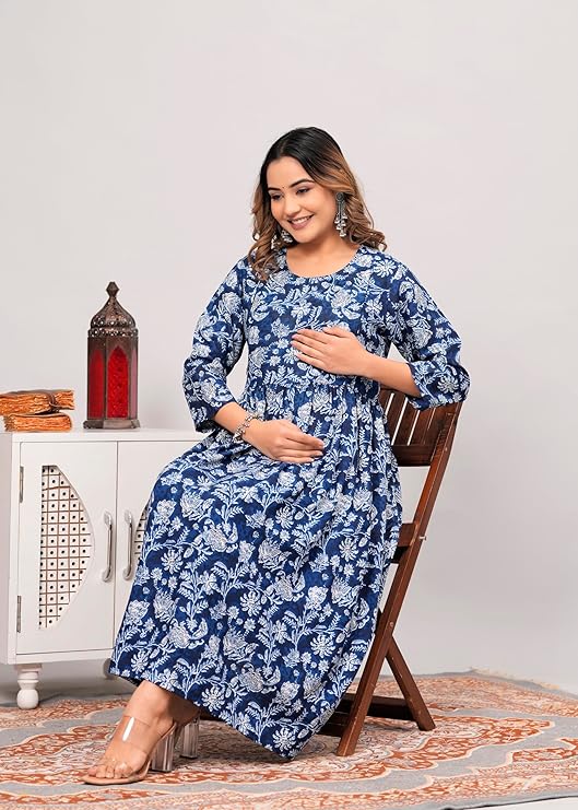 Women Anarkali Poly Crepe Printed Blue Kurti
