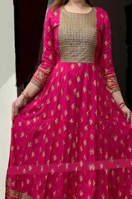 Women Janki Anarkali Printed Dark Pink Rayon Festive Jaipuri Kurti