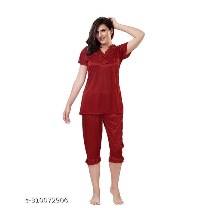 Women Satin Maroon Top & Capri Night Suit
