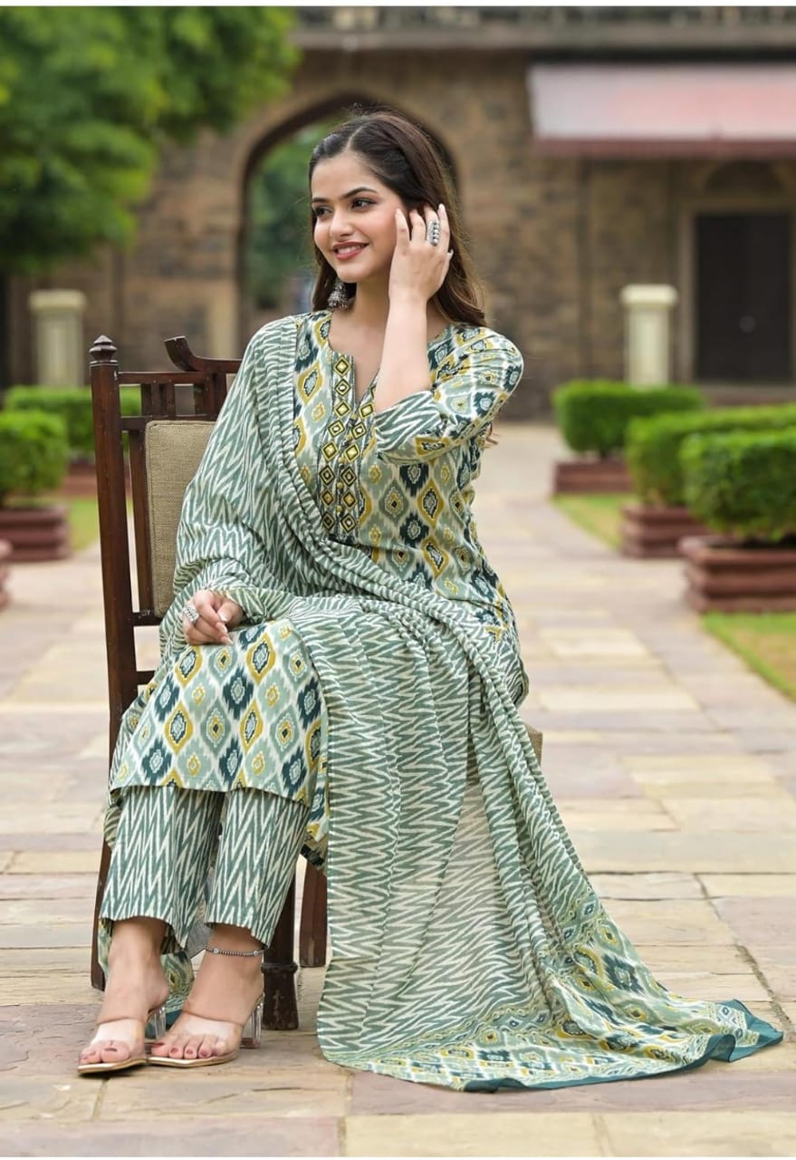 Women Viscose Rayon Printed Kurta Pant Dupatta Set