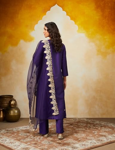 Amazon Brand - Myx Women's Kurta Pant Set with Embroidered Organza Dupatta | Viscose,Rayon | A-line fit (AW24-MYX-SKD-VN-07_Deep Purple_M)
