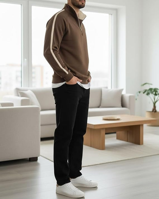 Men's Quarter Zip Neck Brown Pullover Sweater with Contrast Stripe, Long Sleeve Athletic Casual Winter Wear