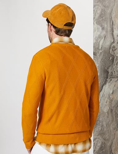 Men's Acrylic Round Neck Mustard Diamond Sweater - Stylish Urban Dressy Winter Wear