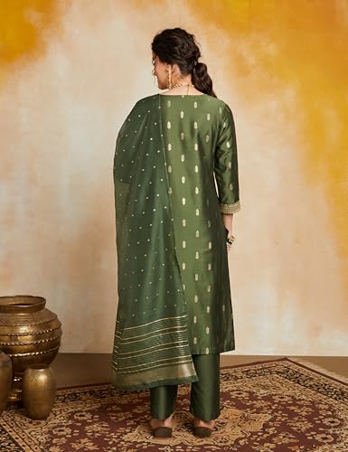 Myx Women's Embroidered Green Kurta Set with Designer Jacquard Dupatta