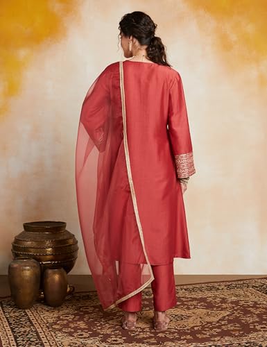 Amazon Brand - Myx Women's Embroidered Pakistani Suit Set with Organza Dupatta - Rust