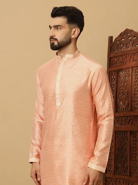 Men's Jacquard Solid Beige Kurta Pyajama Set