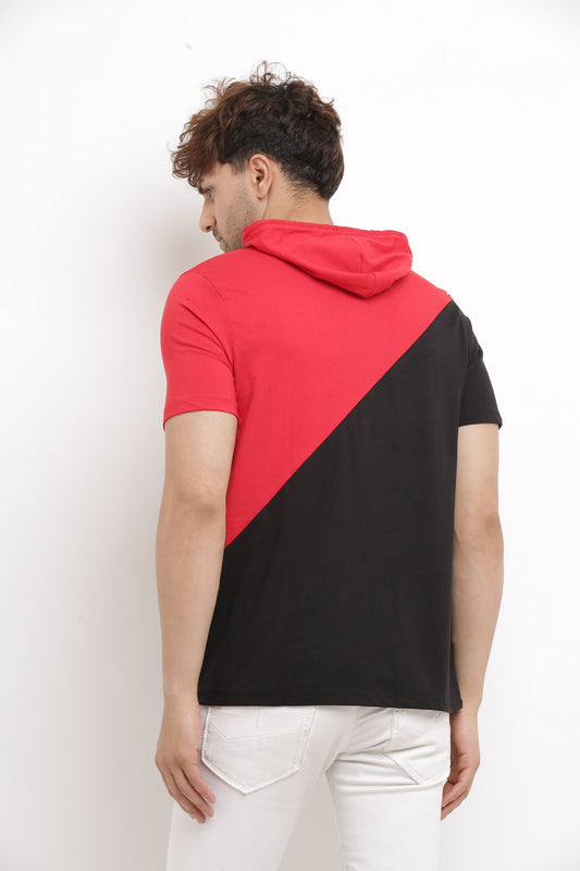 Men’s Red & Black Cotton Colourblocked Hooded T-Shirt – Casual Streetwear Essential