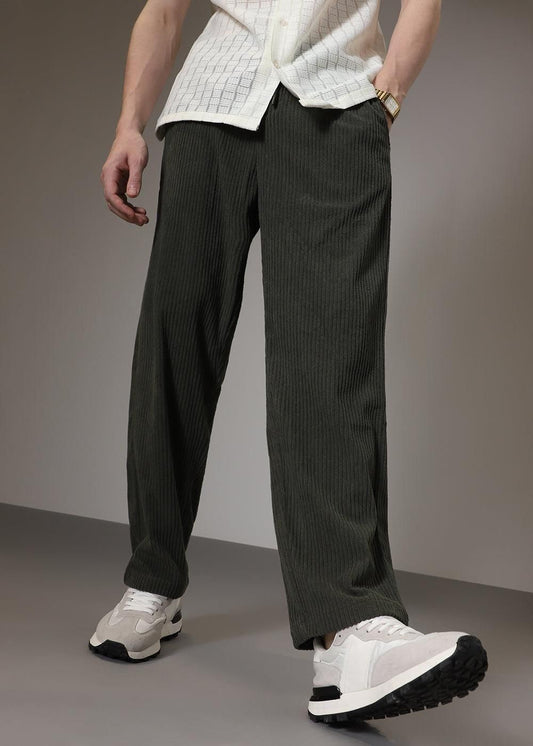 Men’s Olive Green Corduroy Casual Trousers – Solid Ribbed Pants for Streetwear & Everyday Wear