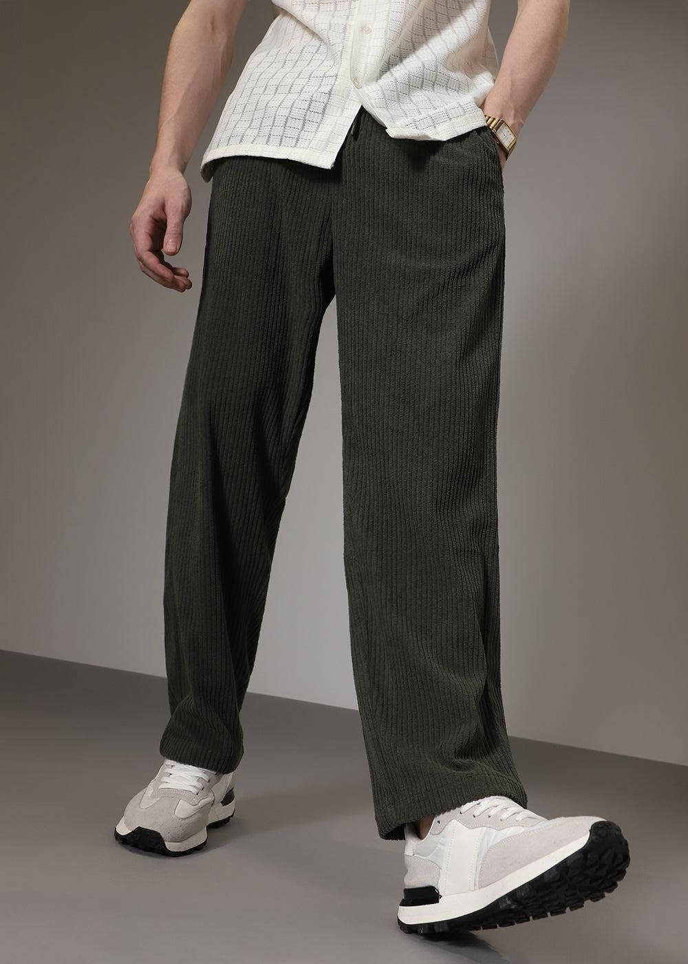 Men’s Khaki & Olive Green Corduroy Trousers (Pack of 2) – Solid Ribbed Casual Pants for Streetwear & Everyday Wear