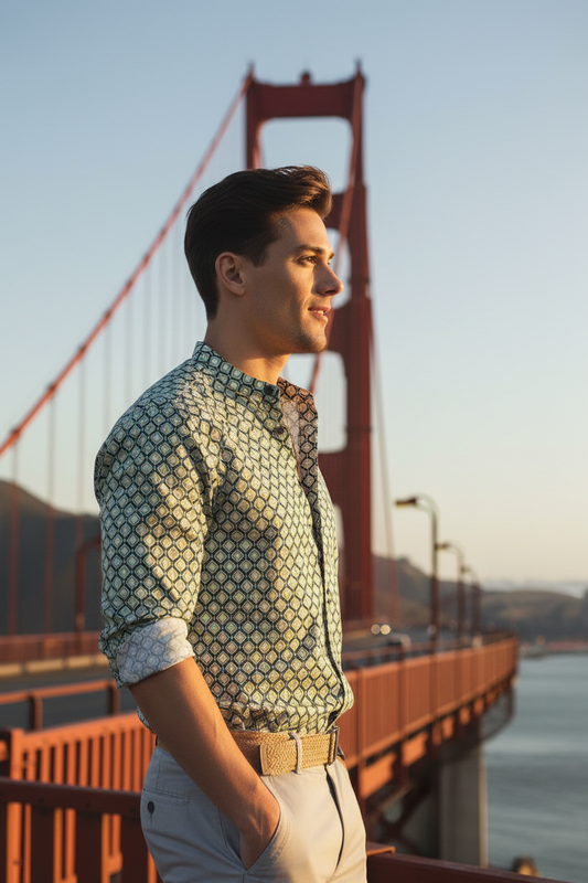 Men’s Green & Cream Printed Cotton Casual Shirt – Full Sleeves, Spread Collar, Festive & Everyday Wear