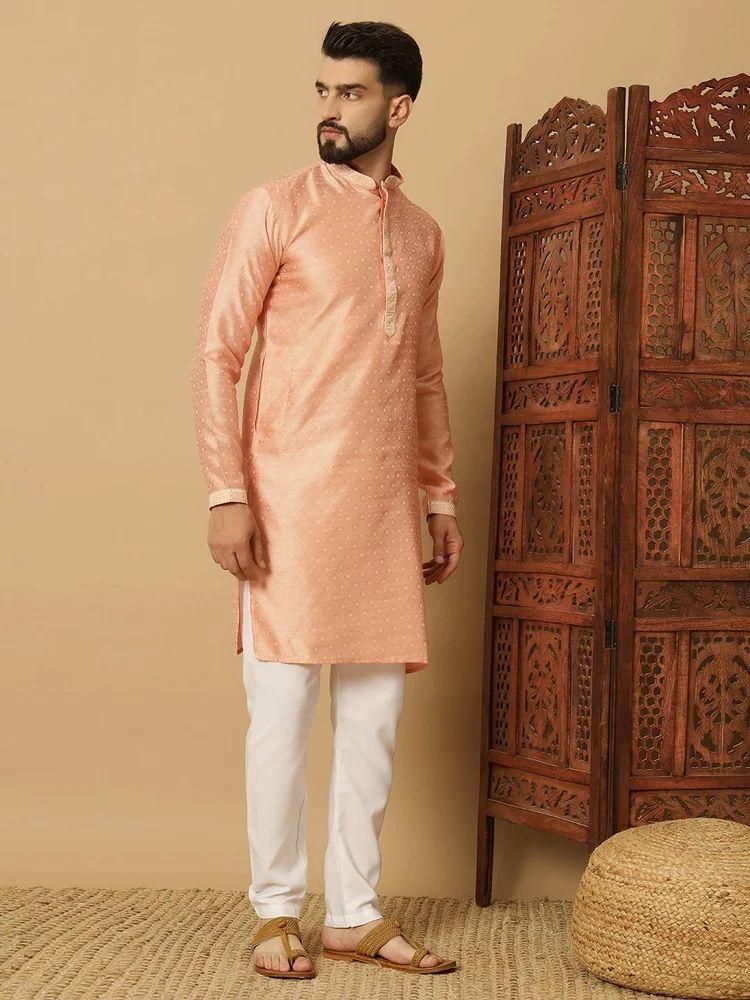 Men's Jacquard Solid Beige Kurta Pyajama Set