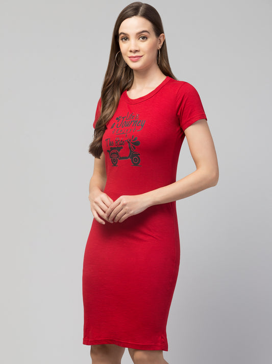 Women's Cotton Red Graphic Print Short Sleeves T-Shirt Dress