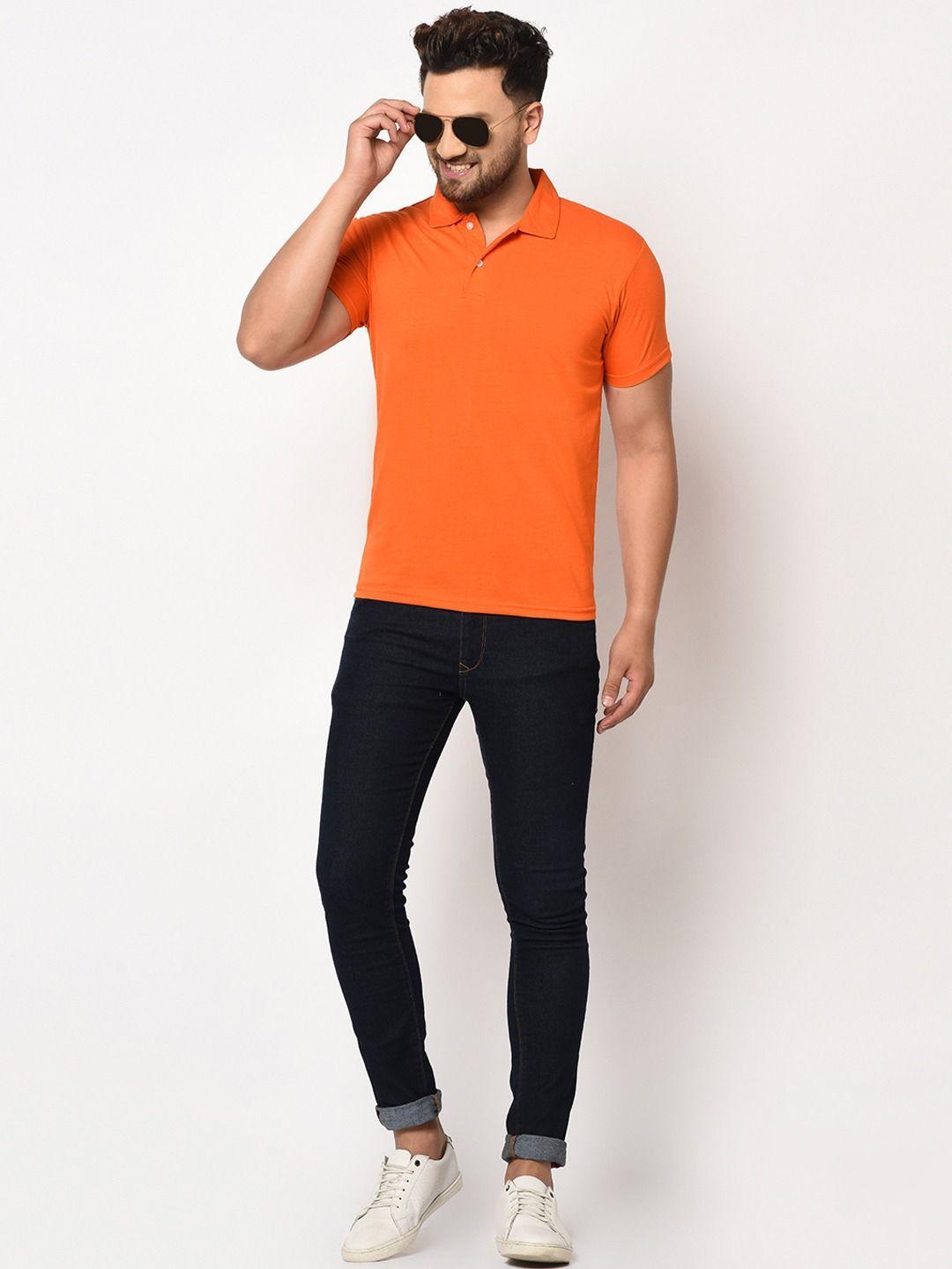 Men’s Orange Cotton-Blend Solid Polo T-Shirt – Half Sleeves, Regular Fit