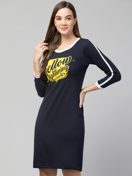 Women's Cotton Black Graphic Print Short Sleeves T-Shirt Dress