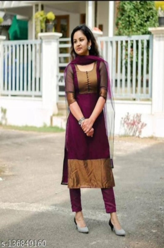 Premium Jacquard Chiffon Wine Kurti Pant Dupatta Set