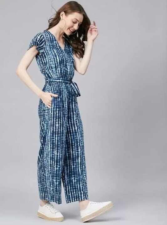 FCV Rayon Printed Jumpsuit for Women (Blue)
