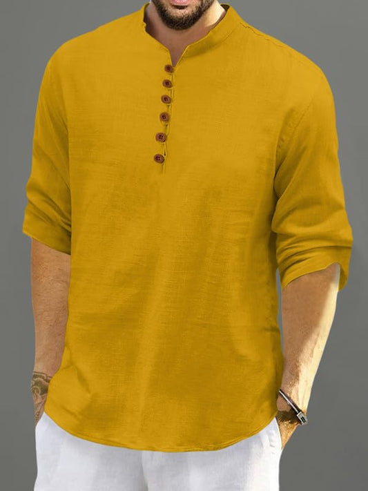 ROYALSCOUT Men's Cotton Polyester Blend Solid Regular Fit Full Sleeve Short Kurta Gold