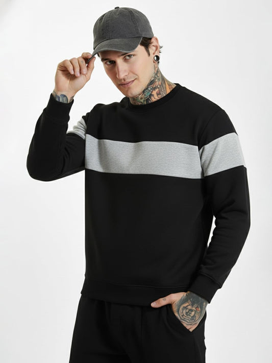 Men's Regular Fit Round Neck Color Block Loop Knit Black-Grey Sweatshirt