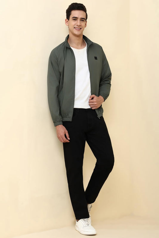 Men's Olive Polyester Non Hooded Windcheater Jacket - Stylish Windbreaker Winterwear