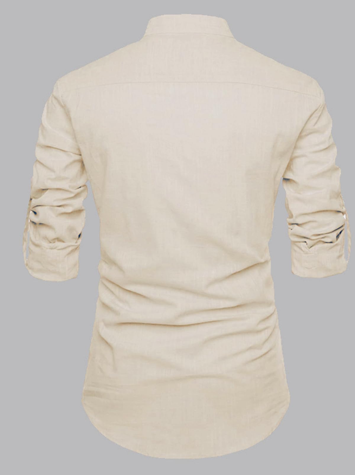 DEELMO Men's Cotton Blend Mandarin Collar Regular Fit Full Sleeve Casual Short Kurta, Beige