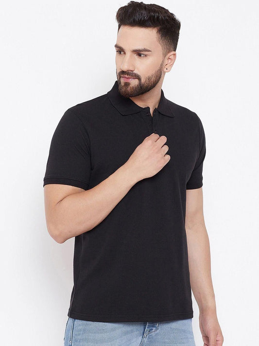 Men’s Black Cotton-Blend Solid Polo T-Shirt – Half Sleeves, Regular Fit