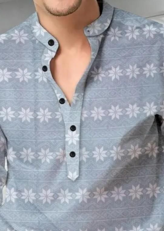 Men’s Grey Printed Cotton Casual Shirt – Full Sleeves, Mandarin Spread Collar, Festive & Everyday Wear