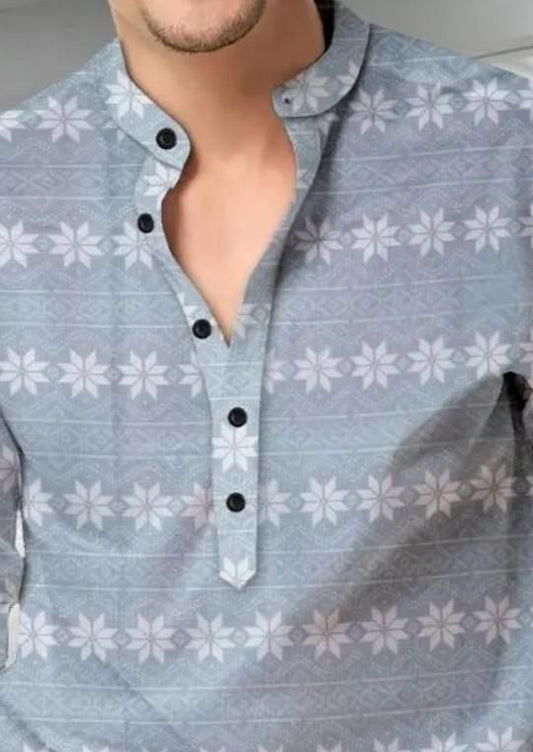 Men’s Grey Printed Cotton Casual Shirt – Full Sleeves, Mandarin Spread Collar, Festive & Everyday Wear