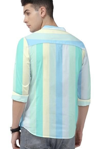 Men’s Multicolor Cotton Color Block Shirt – Full Sleeves, Mandarin Spread Collar, Casual & Festive Wear