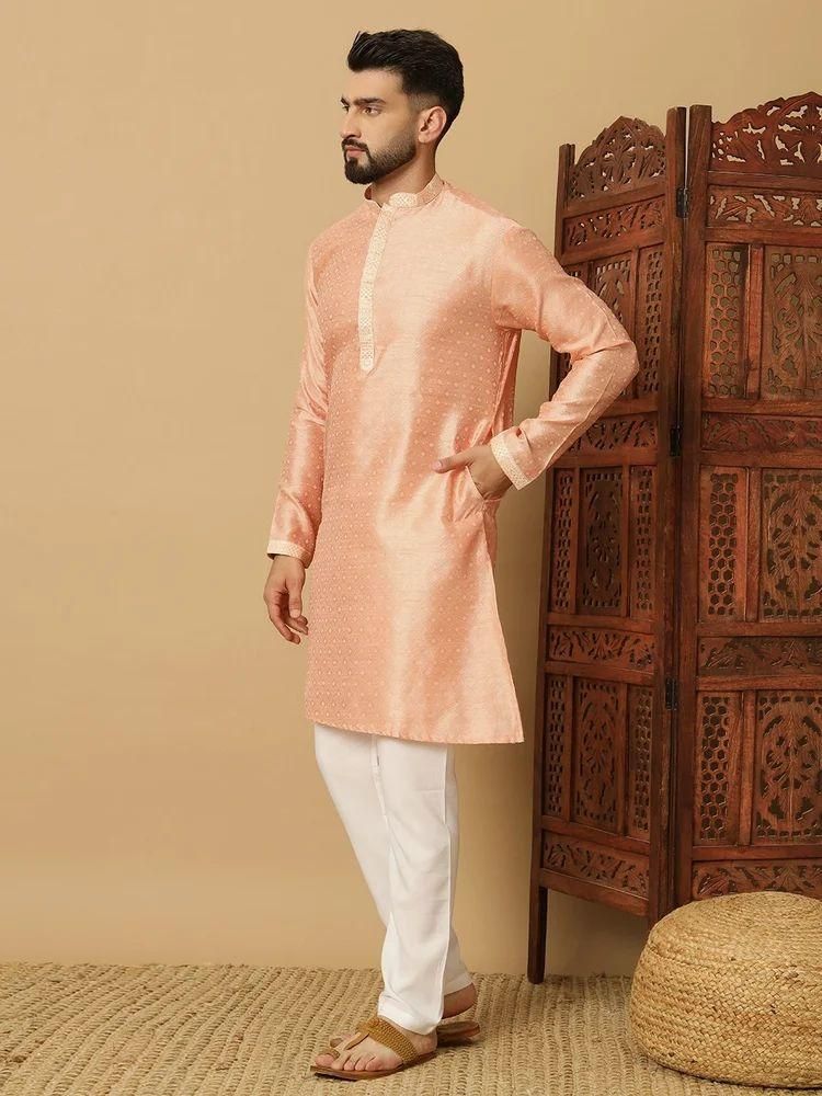 Men's Jacquard Solid Beige Kurta Pyajama Set