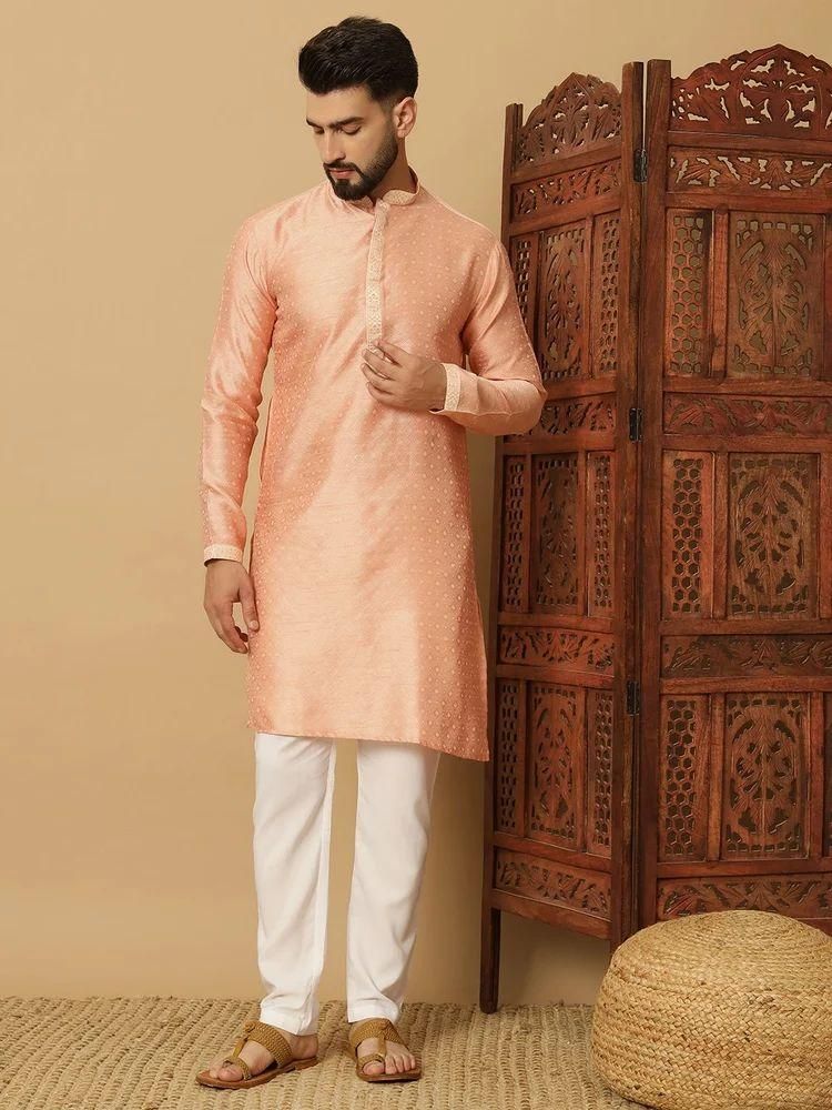 Men's Jacquard Solid Beige Kurta Pyajama Set