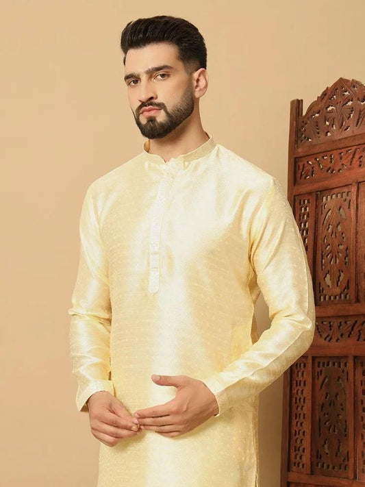 Men's Jacquard Yellow Solid Kurta Pyjama Set