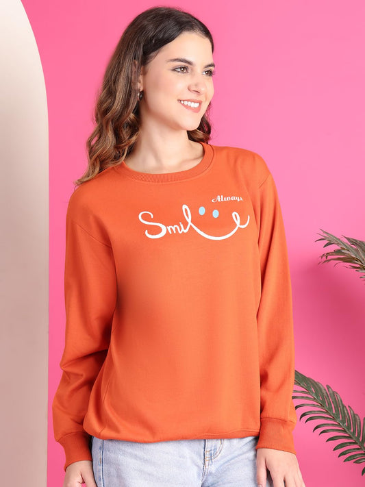 Women's Fleece Regular Fit Full Sleeves Printed Round Neck Orange Sweatshirt