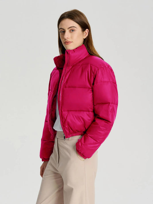 Women’s Full-Sleeve Hot Pink Solid Puffer Jacket with Quilted Insulation | Warm, Stylish Winter Outerwear
