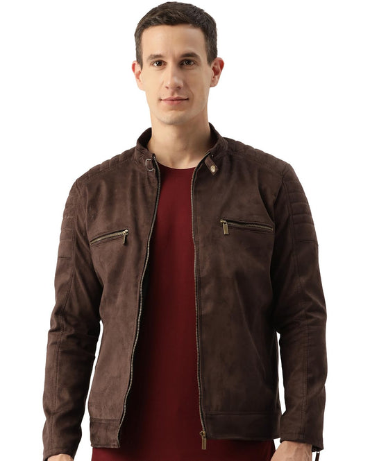 Men's Coffee Brown Suede Leather Standard Length Jacket - Stylish Casual Winterwear
