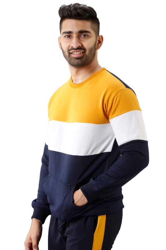 Men's Cotton Colour Blocked Crew Neck Pullover Sweatshirt - Casual Winter Wear
