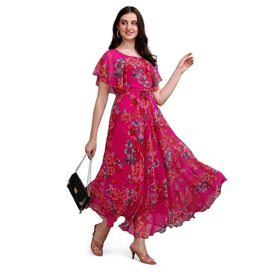 Fashion2wear Women's Georgette Flower Digital Printed Casual Full Length Stylish Dress (Pink)