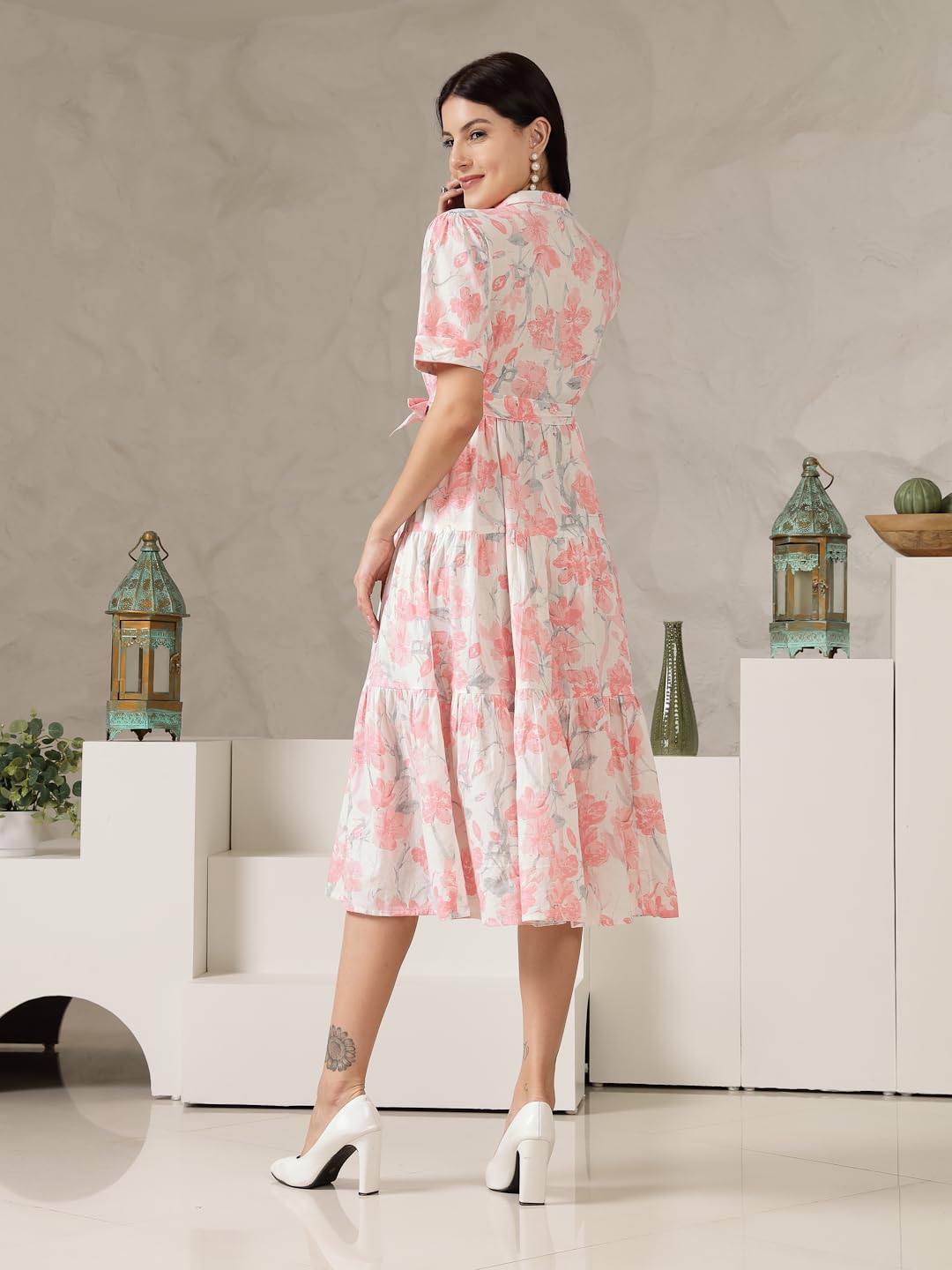 Stylum Women's Pestal Pink Floral Printed Cotton Flared Dress (DRSPINKKINNU_Baby Pink) (in, Alpha, M, Regular)