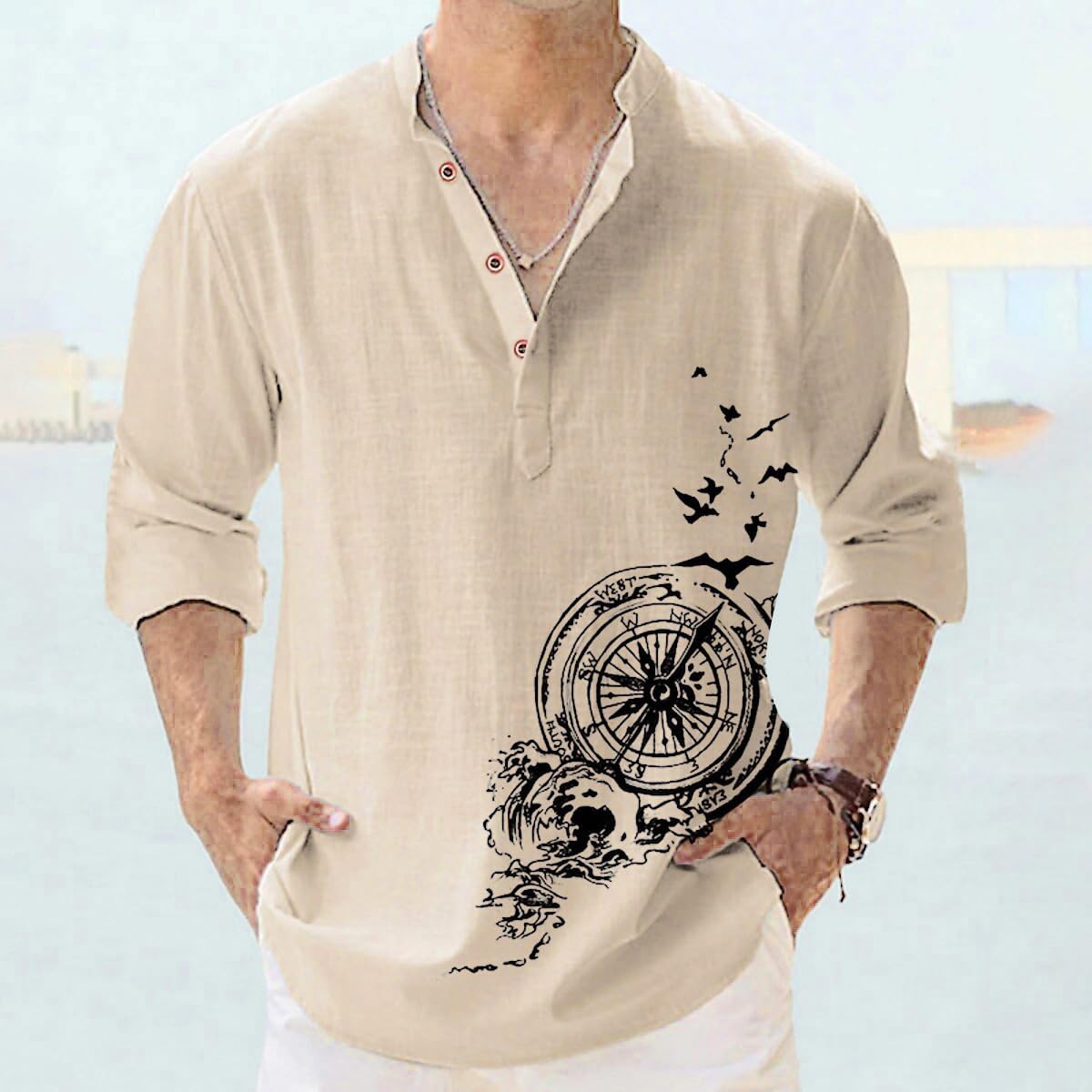 DEELMO Men's Cotton Blend Mandarin Collar Regular Fit Full Sleeve Casual Short Kurta, Beige