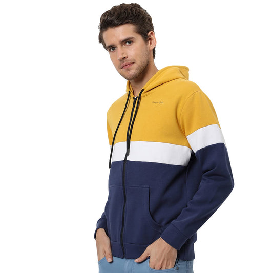 Men's Yellow & Blue Colour Blocked Regular Fit Full Zipper Sweatshirt with Hoodie for Winter Wear | Full Sleeve | Cotton Sweatshirt | Casual Sweatshirt for Men | Stylish Sweatshirt for Man