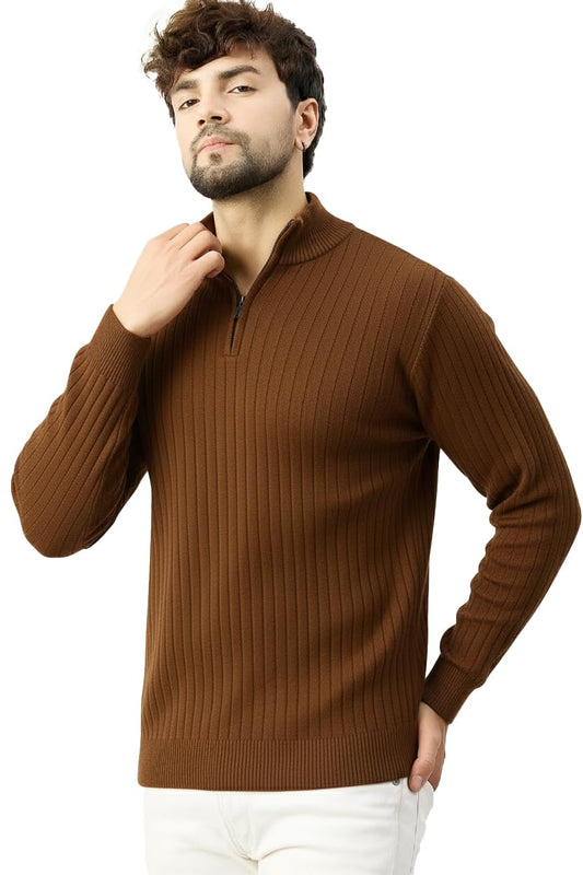 Men's Half Zip Full Sleeves Solid Coffee Sweater - Stylish Casual Warm Winter Wear