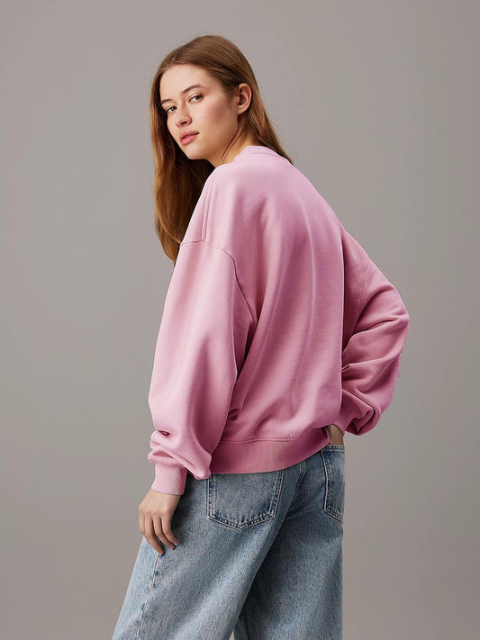 Women's Oversized Fleece Solid Pattern with Classic Round Neck Light Pink Sweatshirt