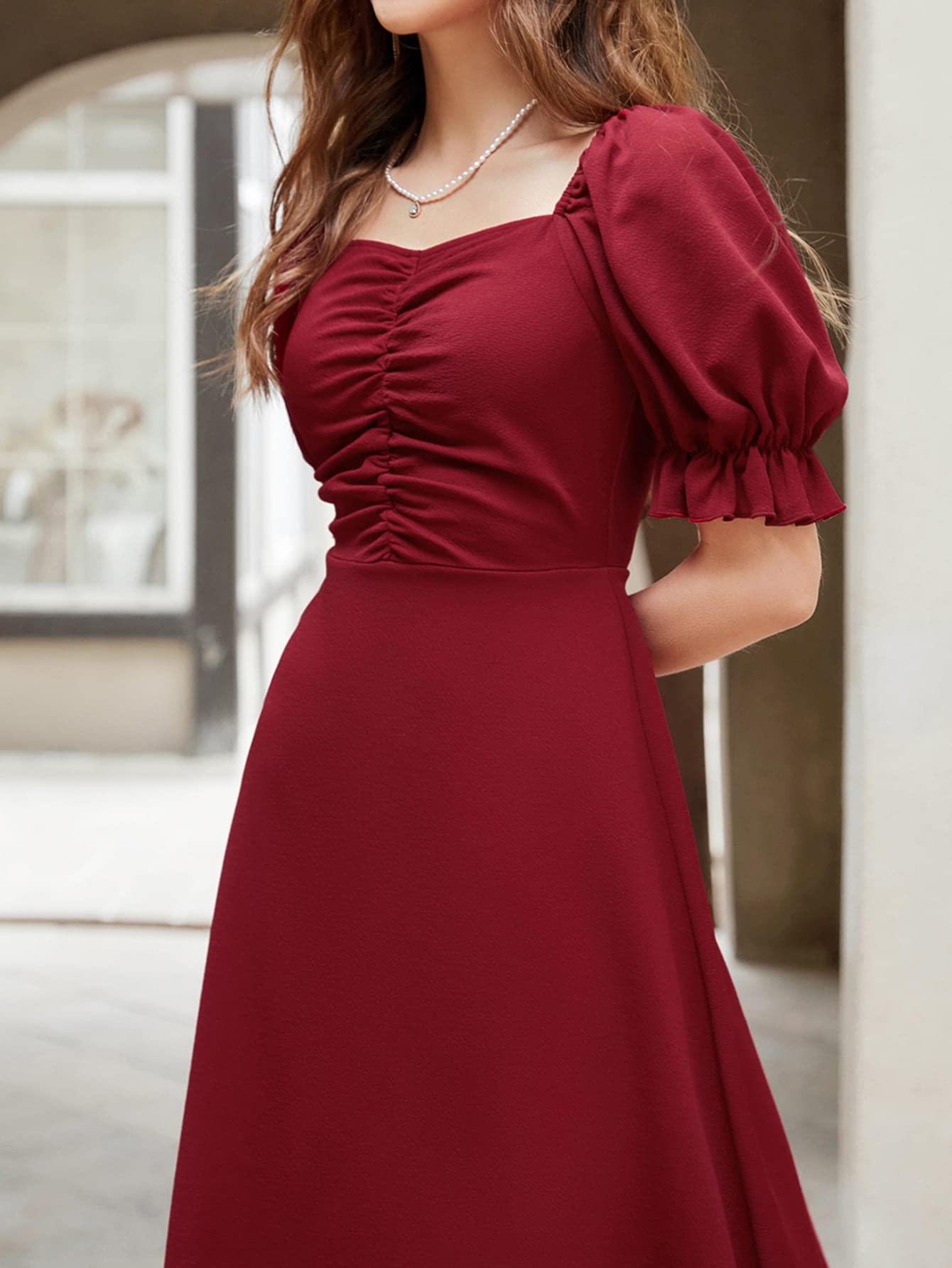 Shasmi Girl's & Women's Solid Maroon A-Line Ruched Puff Sleeve Maxi Long Evening One Piece Long Dress for Women Stylish (Dress 131 Maroon-M)