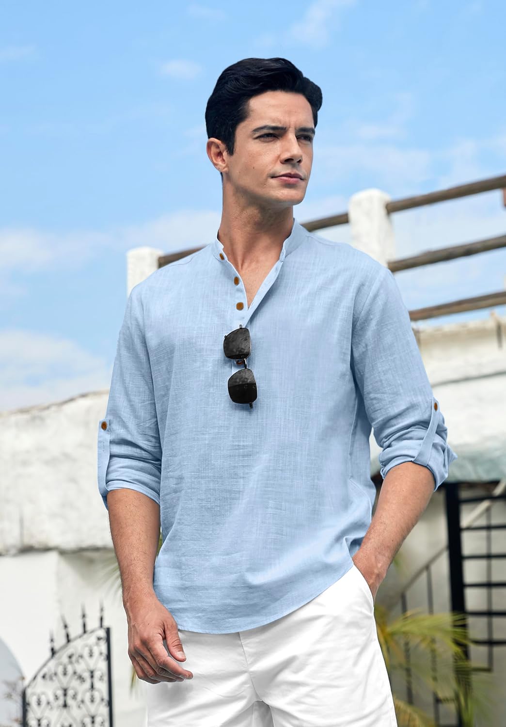 Zombom Cotton Blend Solid Casual Regular Fit Mandarin/Chinese Collor Short Kurta for Men Sky Blue