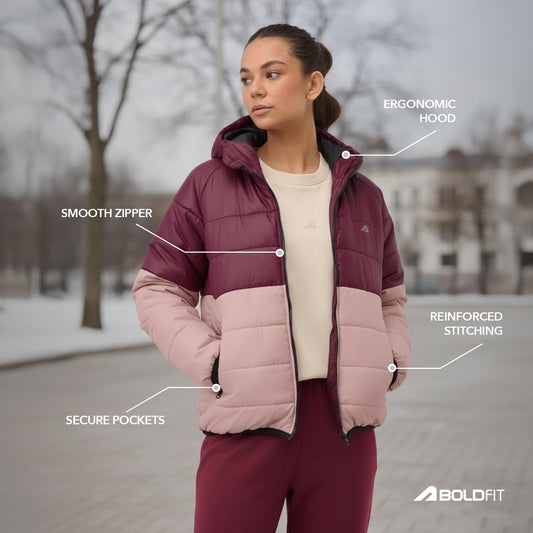 Women’s Wine Pink Hooded Puffer Jacket | Waterproof, Windproof & Fleece-Lined Winter Outerwear with Adjustable Fit