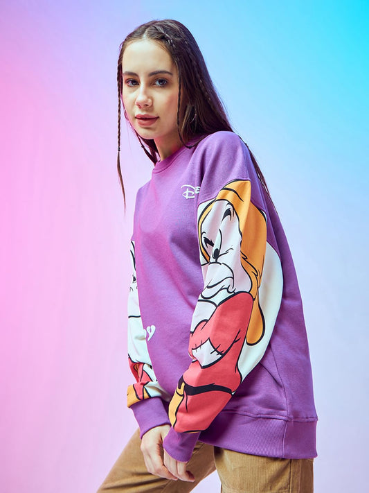 Women's Official Disney Merchandise Graphic Printed Oversized Fit Purple Sweatshirt - Cozy Winter Fits with Disney Flair