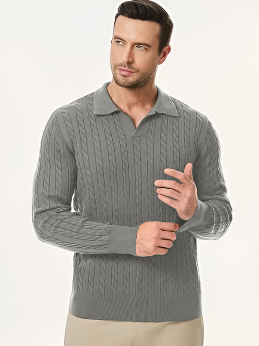 Men's Cotton Full Sleeve Collar Polo Cable Knitted Cement Grey Sweater - Stylish Casual Polo Neck Sweater