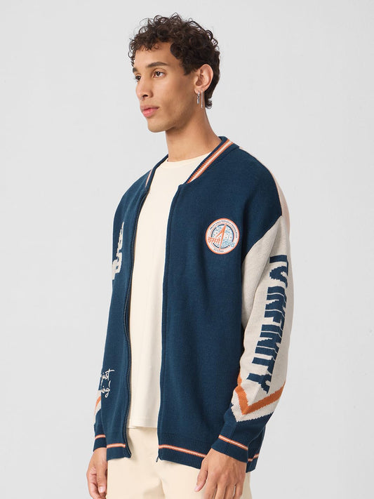 Men's Oversized Royal Blue Pullovers Full Zip Varsity Jacket Style Sweatshirt - Official ISRO to Infinity