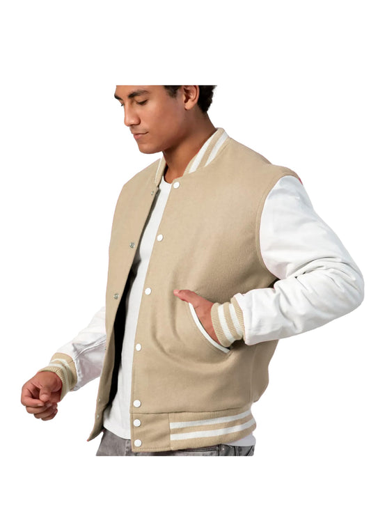 Men's Beige Varsity Jacket - Stylish Casual and Streetstyle Winterwear