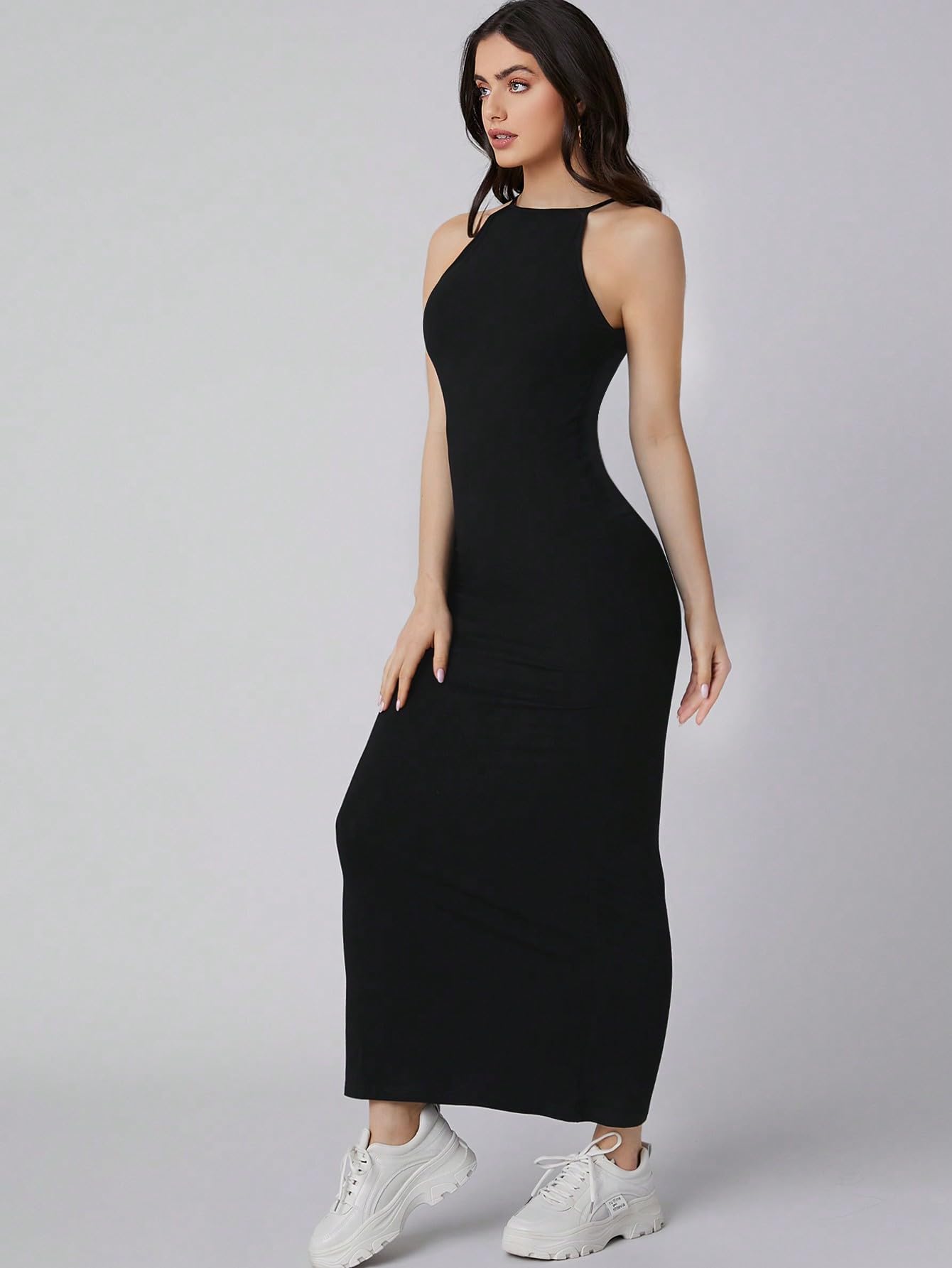 Aahwan Black Solid Halter Neck Solid Bodycon Midi Dress for Women's & Girl's (303-Black-S)